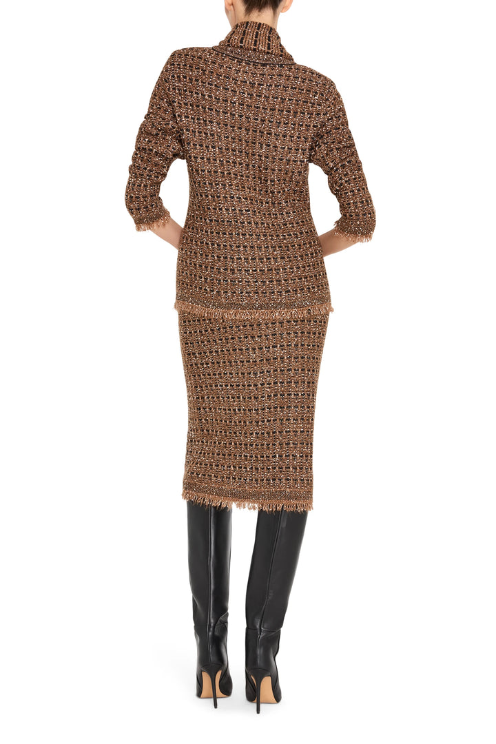 A-line tweed sweater skirt with ribbed waistband and clean hem, back view on model.