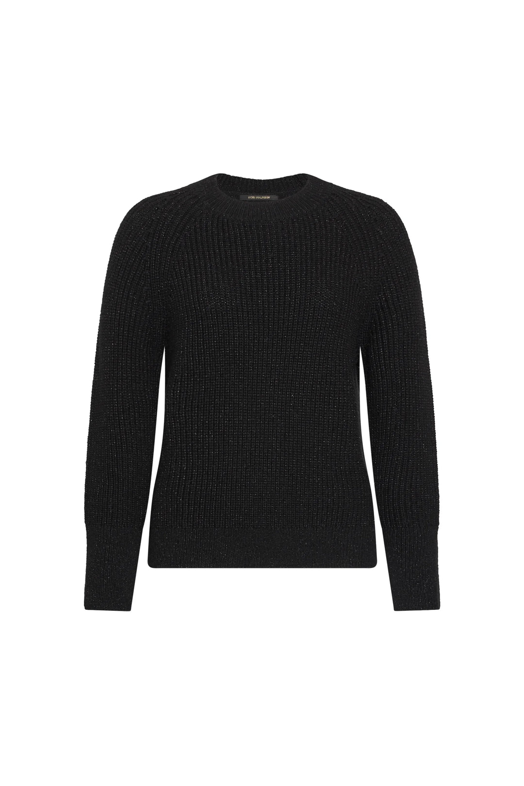 Kimberly Pull Over Sweater in black ribbed knit with crew neckline and raglan sleeves, front view on white.