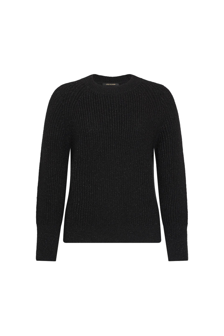 Kimberly Pull Over Sweater in black ribbed knit with crew neckline and raglan sleeves, front view on white.