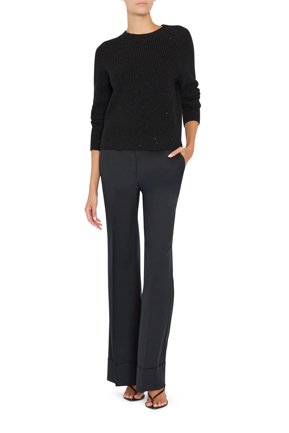 Kimberly Pull Over Sweater: black ribbed knit sweater with long sleeves and crew neckline, front view on model.