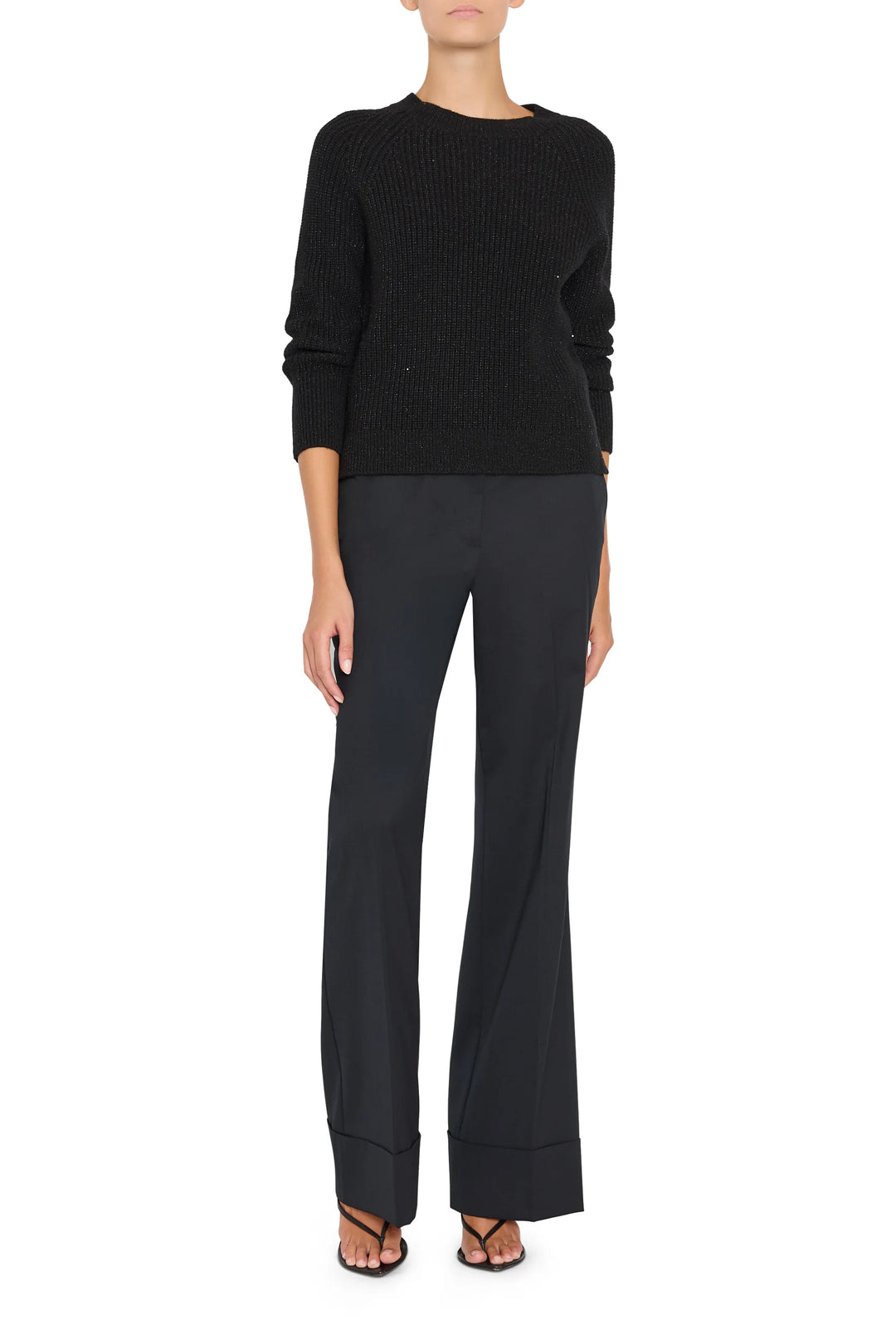 Kimberly Pull Over Sweater in black ribbed knit, crew neck, raglan sleeves, front view on white.