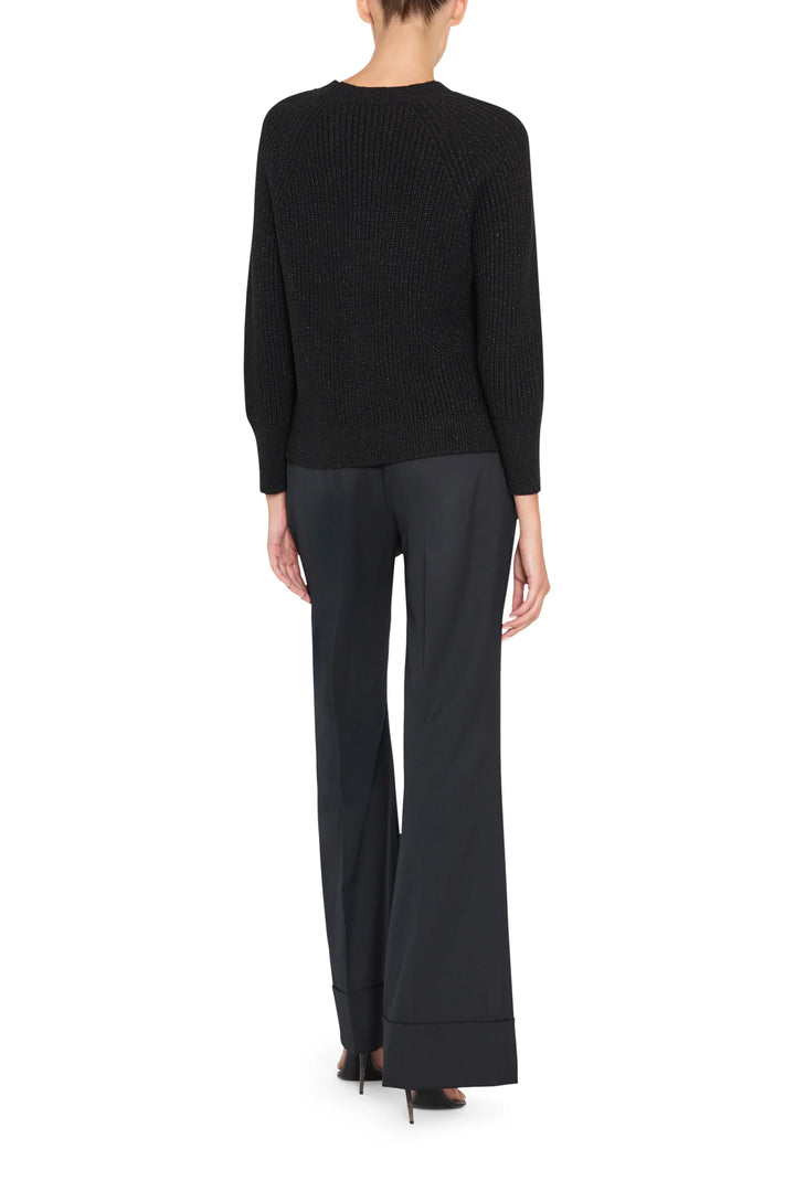 Black Kimberly Pull Over Sweater with rib detailing, raglan sleeves, and ribbed crew neckline, back view on white.