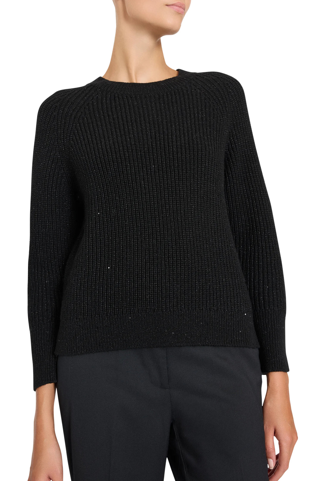 Kimberly Pull Over Sweater in black ribbed knit with long raglan sleeves, front view on model.
