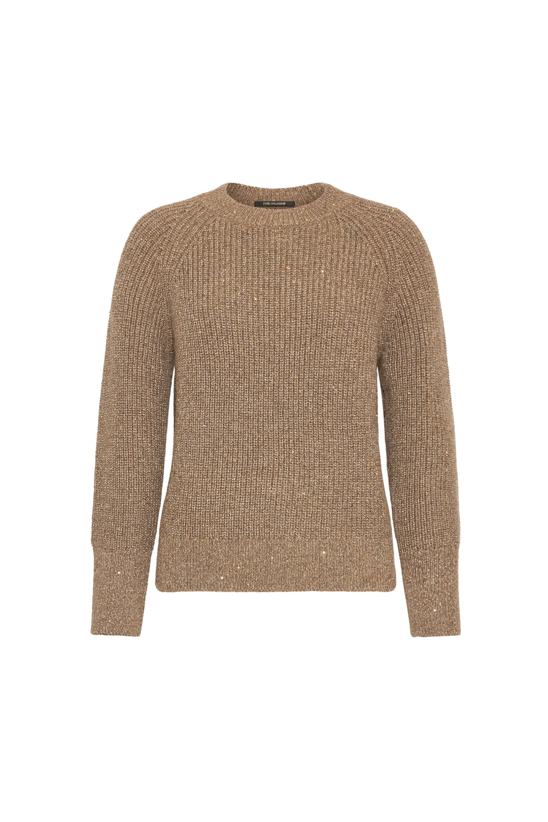 Beige knit pullover sweater with ribbed crew neck, cuffs, hem; long sleeves. Front view on white.