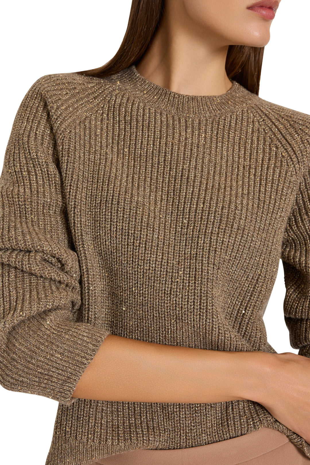 Pullover sweater with rib details, long sleeves, relaxed fit silhouette. Front view on model.