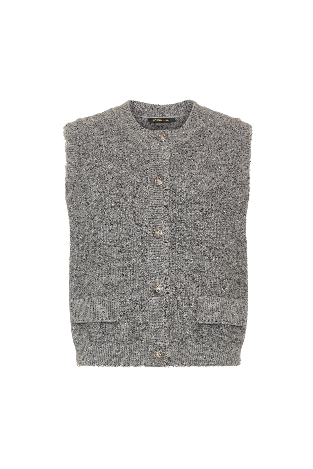 Gray knit vest with front buttons, two pockets; classic silhouette, fine lurex knit. Front view on white.