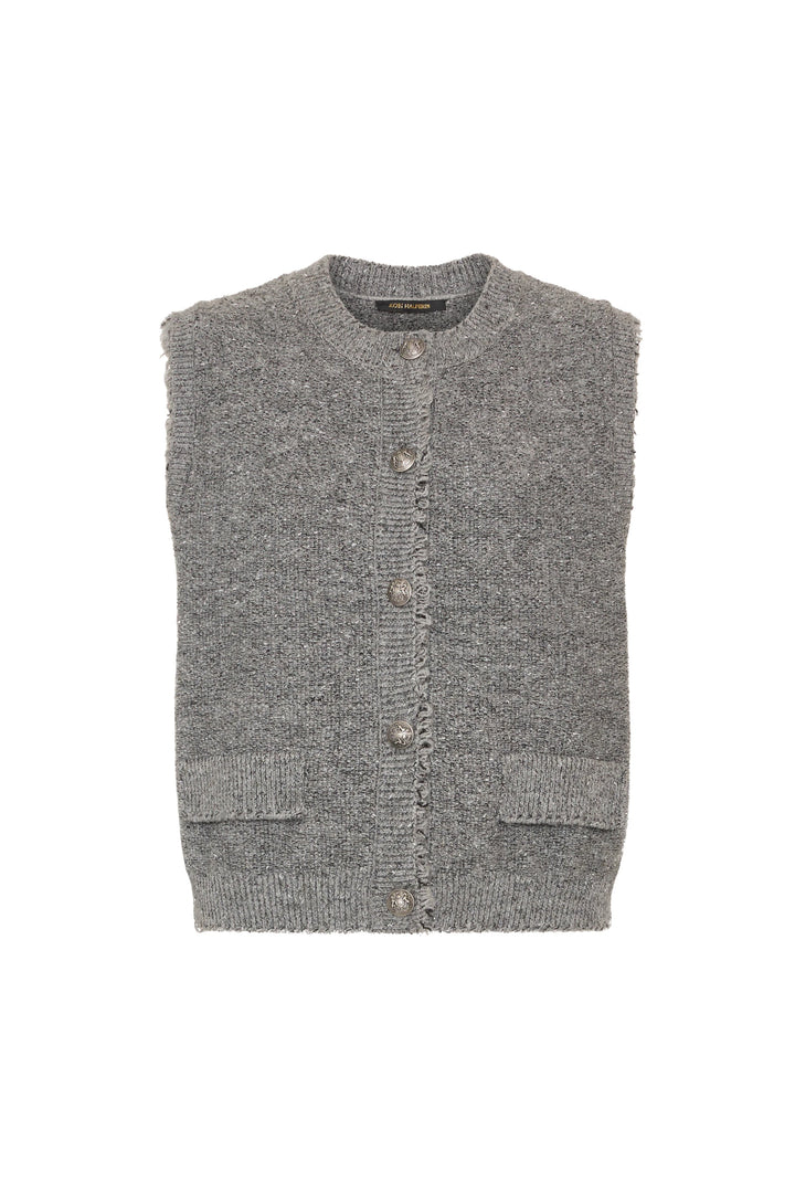 Gray knit vest with front buttons, two pockets; classic silhouette, fine lurex knit. Front view on white.