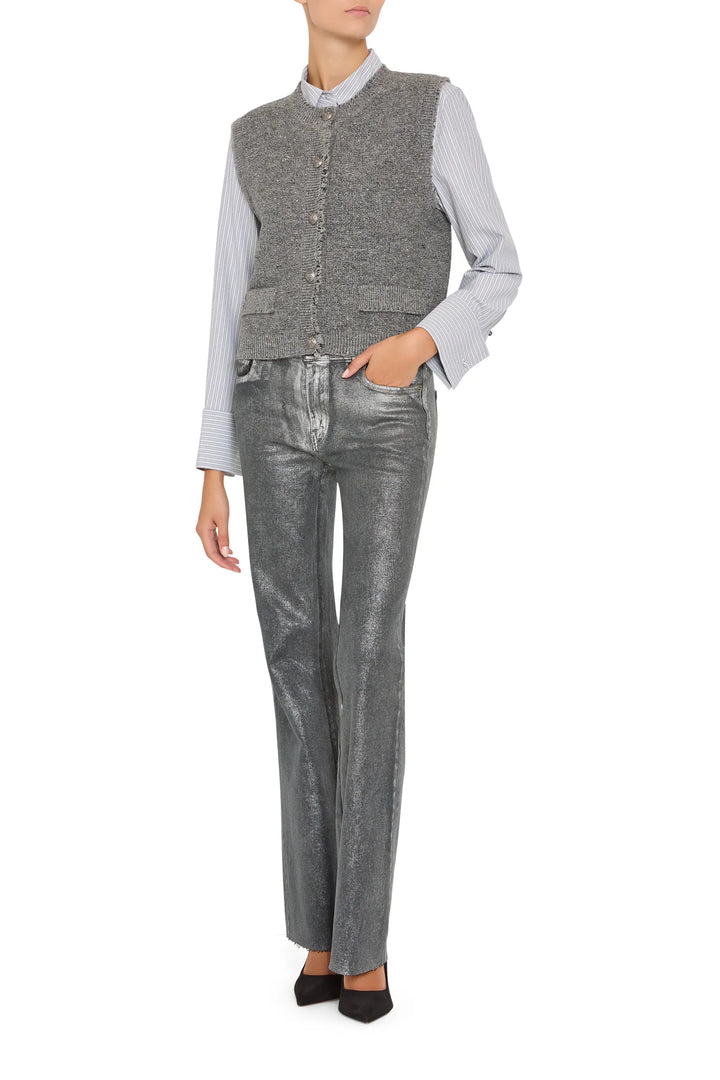 Sleeveless fitted sweater vest in lurex knit with ribbed hem and neck. Front view on white.