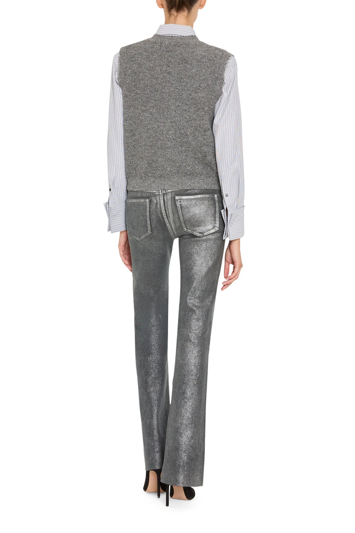 Sleeveless, straight-cut Lilah Lurex Sweater Vest in metallic knit; ribbed edges; back view on model.