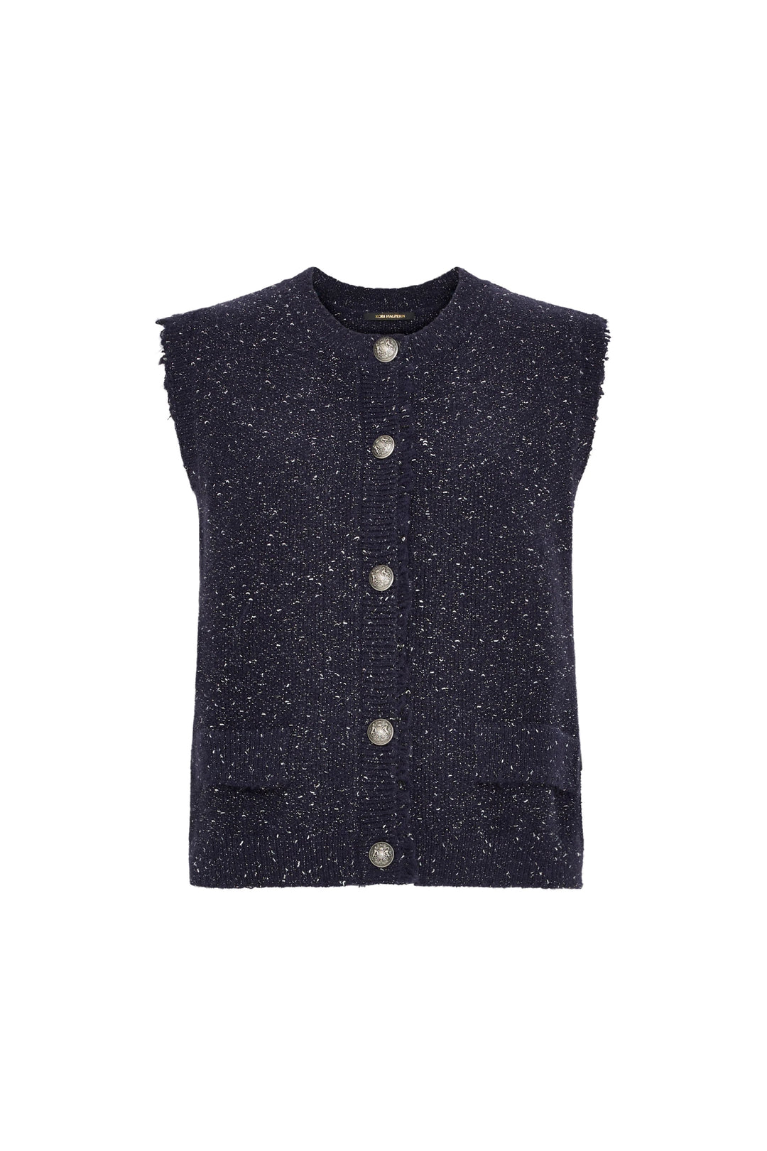 Sleeveless tweed vest with silver buttons, two front pockets, tailored fit. Front view on white.