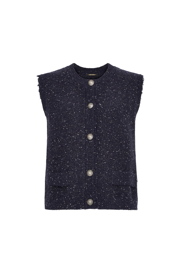Sleeveless tweed vest with silver buttons, two front pockets, tailored fit. Front view on white.