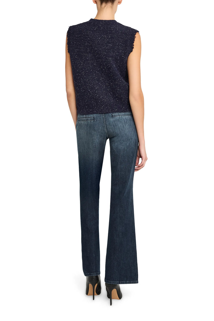 Sleeveless knit vest with ribbed trim and crewneck, relaxed fit; back view on model.