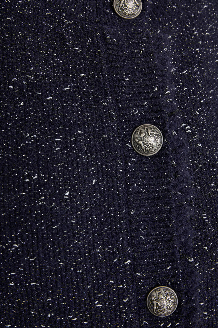 Detail of Lilah Sweater Vest showcasing speckled knit texture and ornate silver buttons. Detail view.