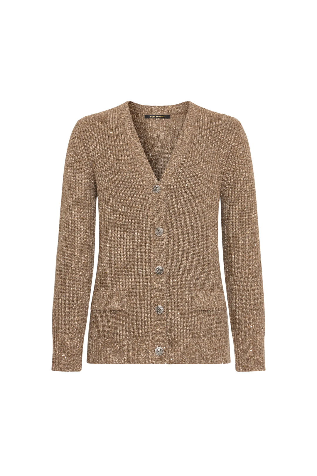 Pippa Sweater Cardigan: ribbed V-neck, military buttons, patch pockets, scattered sequins, front view on white.