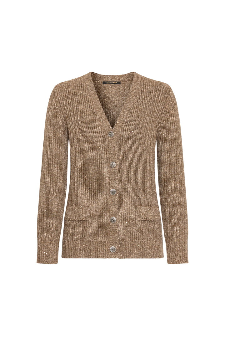 Pippa Sweater Cardigan: ribbed V-neck, military buttons, patch pockets, scattered sequins, front view on white.