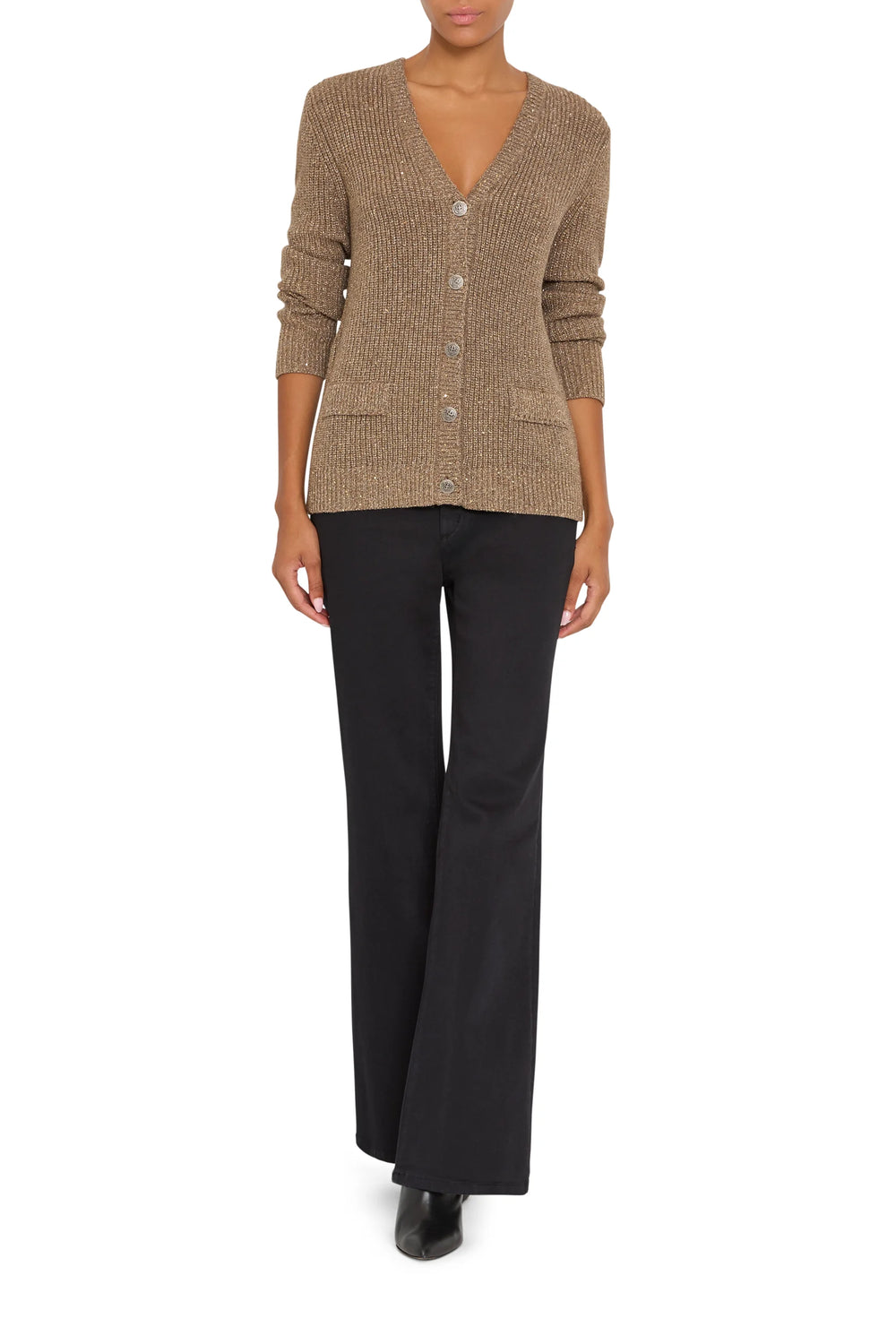 Pippa Sweater Cardigan: longline, ribbed-knit V-neck with military buttons and two patch pockets, front view on model.