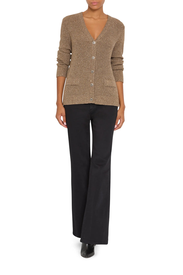 Pippa Sweater Cardigan: longline, ribbed-knit V-neck with military buttons and two patch pockets, front view on model.