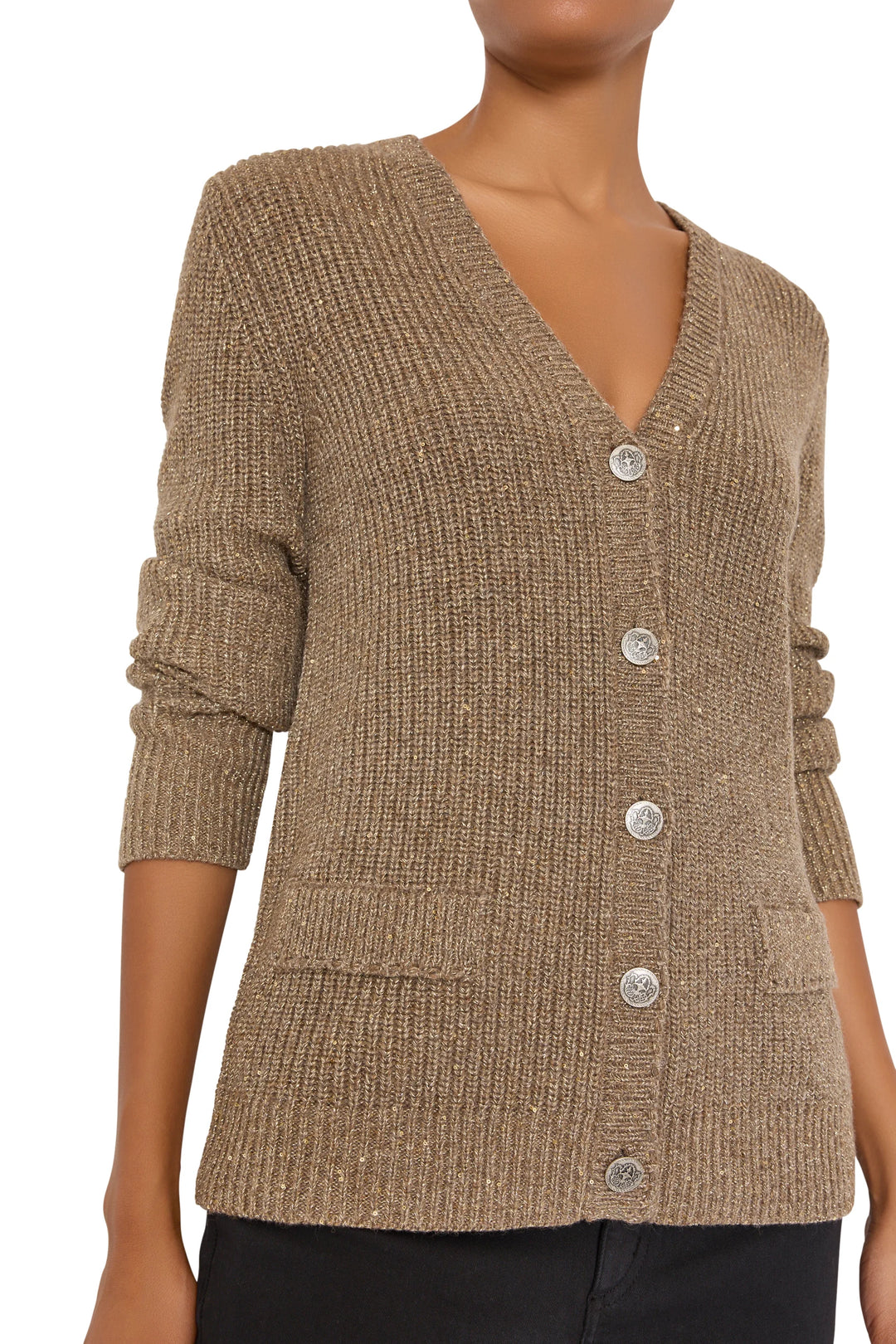 Pippa Sweater Cardigan: longline V-neck rib-knit cardigan with metallic flecks and silver military buttons, front view.