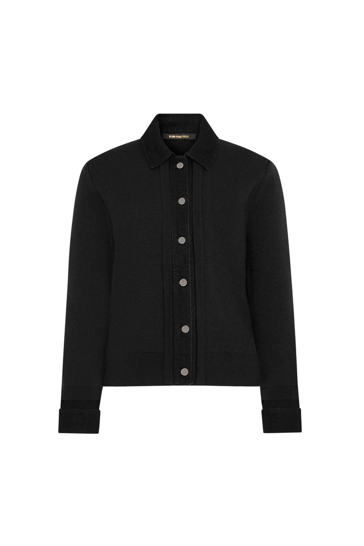 Collared sweater with visible seams, cuffed sleeves, structured construction, shown in front view on white.