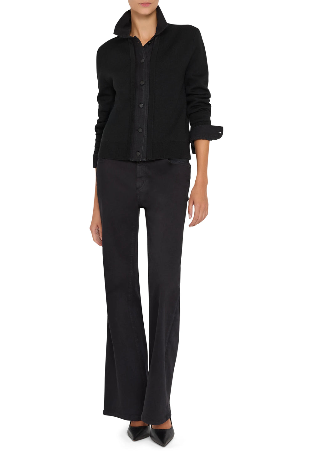 Long-sleeve denim sweater with ribbed hem and cuffs, relaxed fit, crew neck; front view on white.