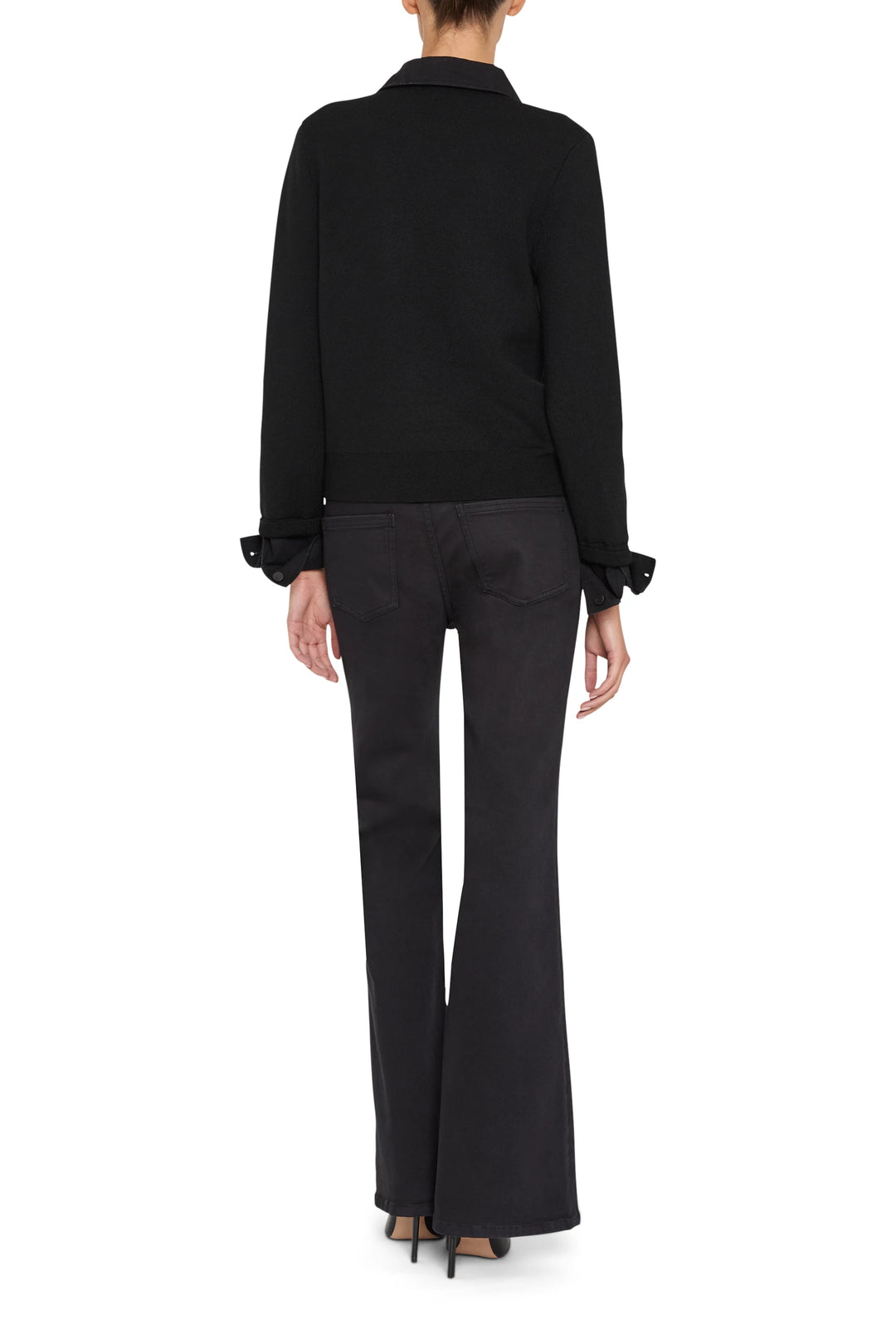 Slim, cropped sweater with denim paneling and ribbed hem; fitted sleeves; back view on model.