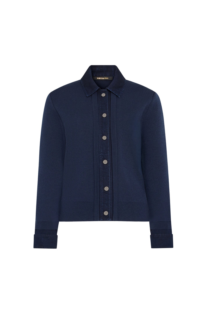 Collared sweater with long sleeves, ribbed knit construction, subtle denim trim. Front view on white.