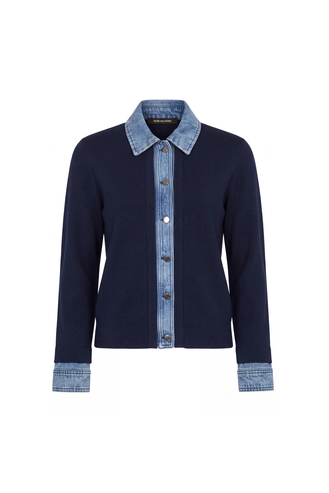 Navy knit sweater with denim collar, placket, and cuffs; straight silhouette. Front view on white.