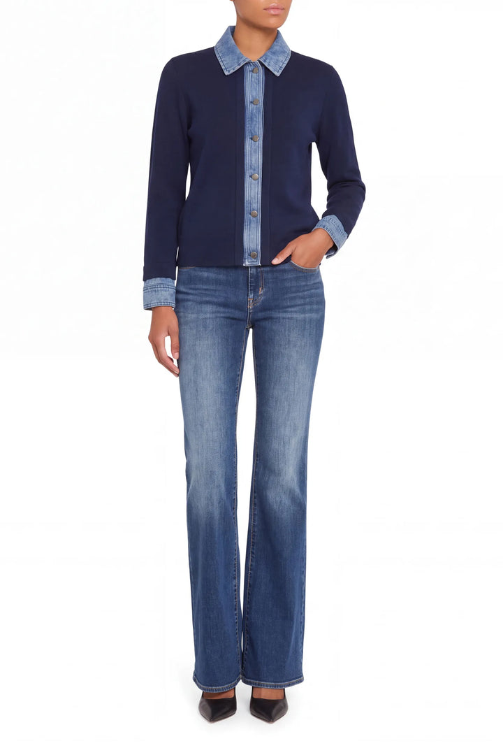 Relaxed fit Luna Denim Combo Sweater with ribbed hem and cuff, crew neck; front view on model.