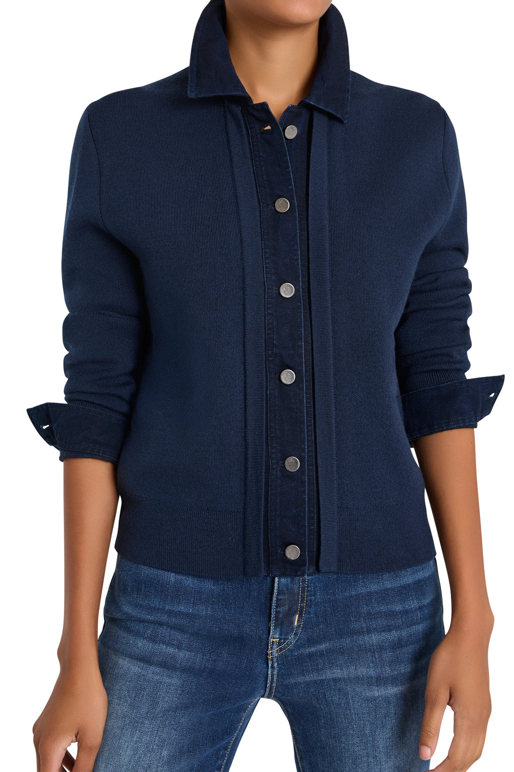 Relaxed-fit crewneck sweater, ribbed hem and cuffs, rolled sleeves, knit fabric; front view on model.