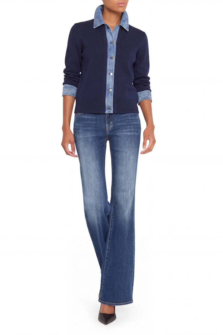 Relaxed-fit Luna Denim Combo Sweater with ribbed knit and contrast denim yoke; front view on white.