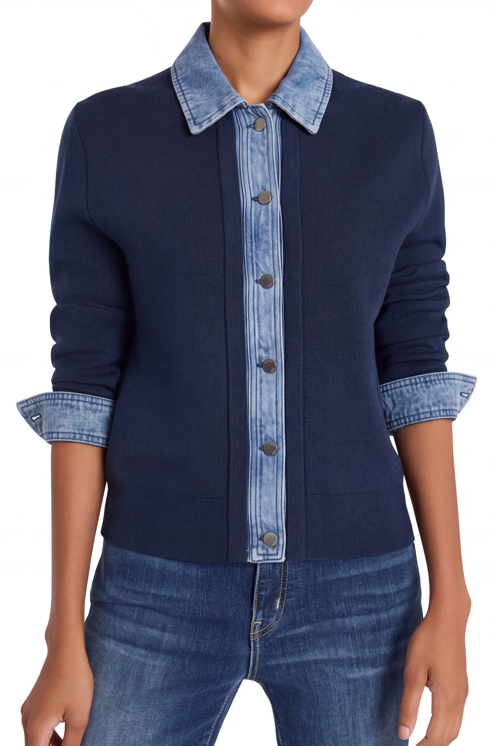 Collared sweater with denim collar and cuffs, classic fit, knit cotton blend; front view on model.