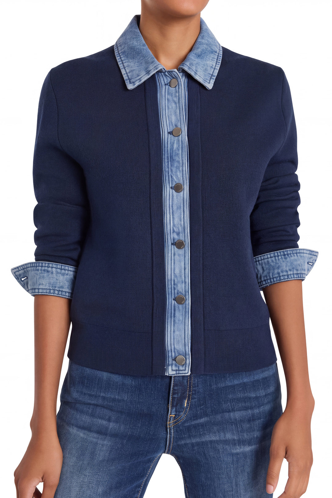 Collared sweater with denim collar and cuffs, classic fit, knit cotton blend; front view on model.