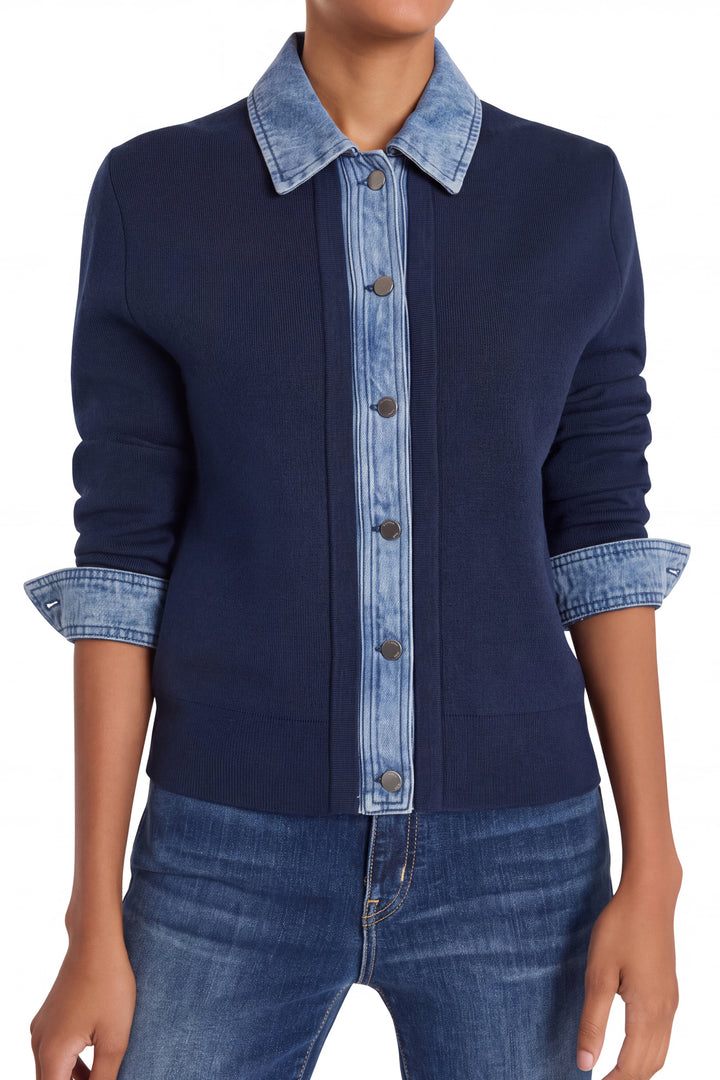 Collared sweater with denim collar and cuffs, classic fit, knit cotton blend; front view on model.