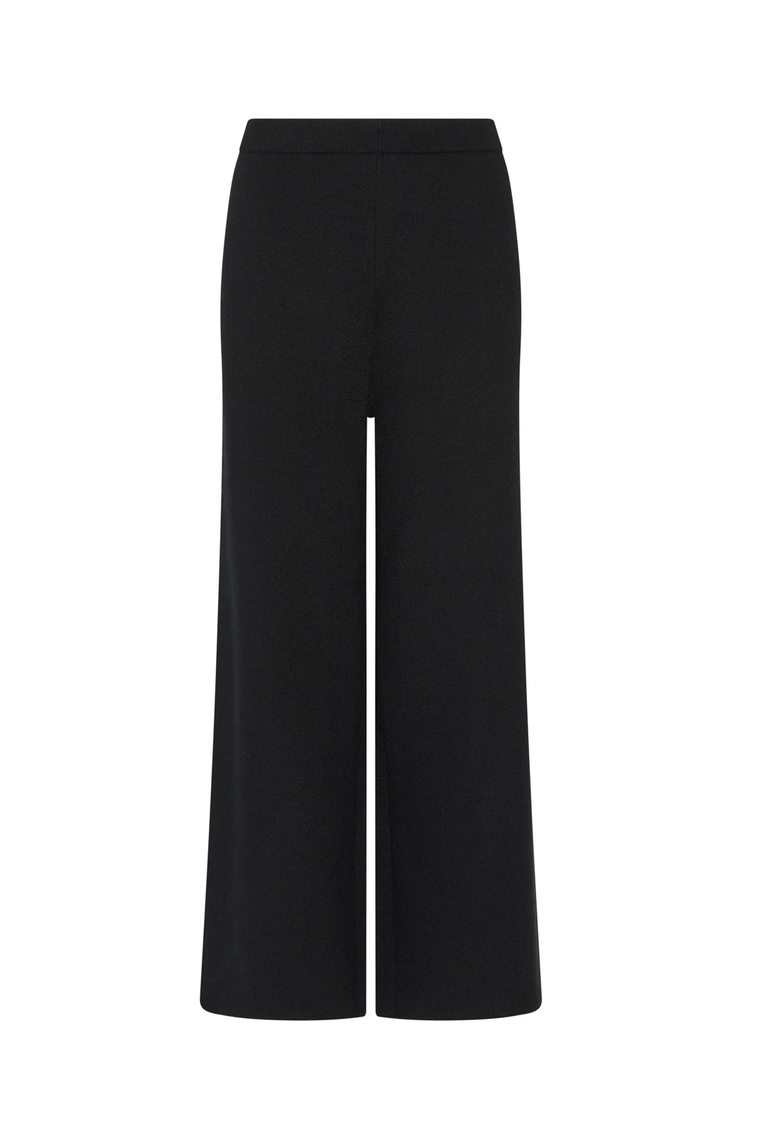 Wide-leg knit culottes in a fluid silhouette with subtle drape, elastic waistband; front view on white.