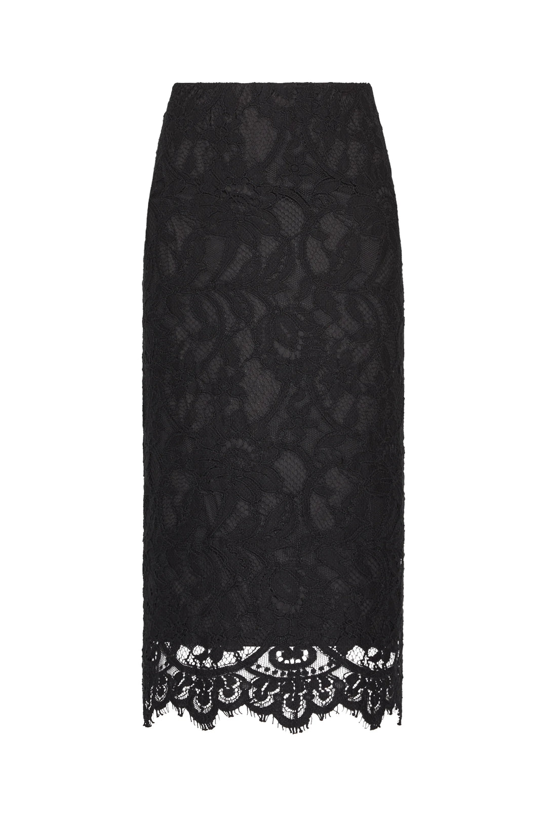 Simone Lace Skirt, midi pencil skirt in black Italian corded lace with a scalloped hem, front view on white.
