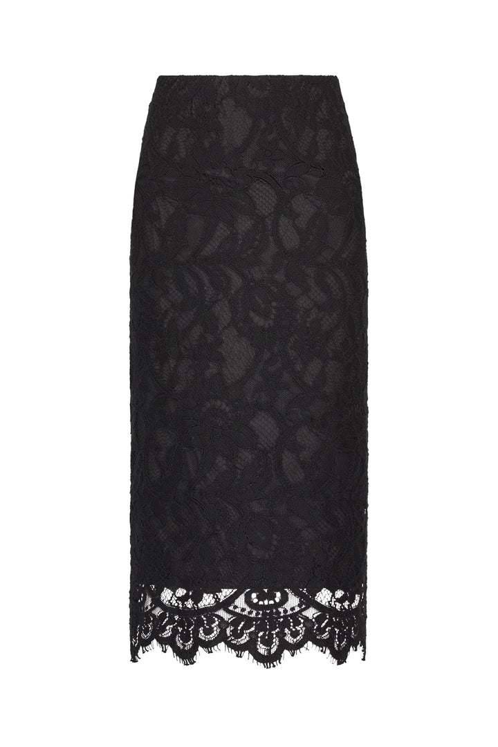 Simone Lace Skirt, midi pencil skirt in black Italian corded lace with a scalloped hem, front view on white.