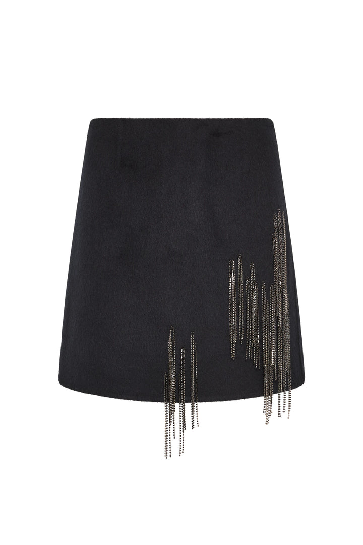 Mini skirt with crystal embellishments and metallic fringe on wool blend, fitted silhouette; front view on white.