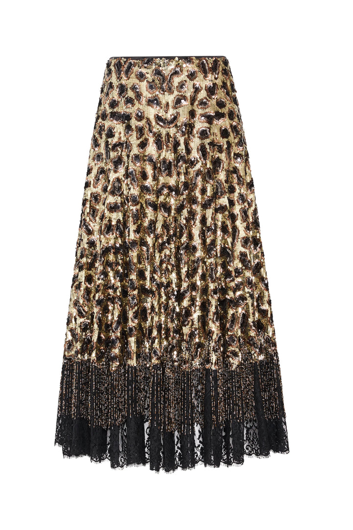 Sequined midi skirt in gold & black animal print with lace border, black hem trim; fitted waist. Front view on white.