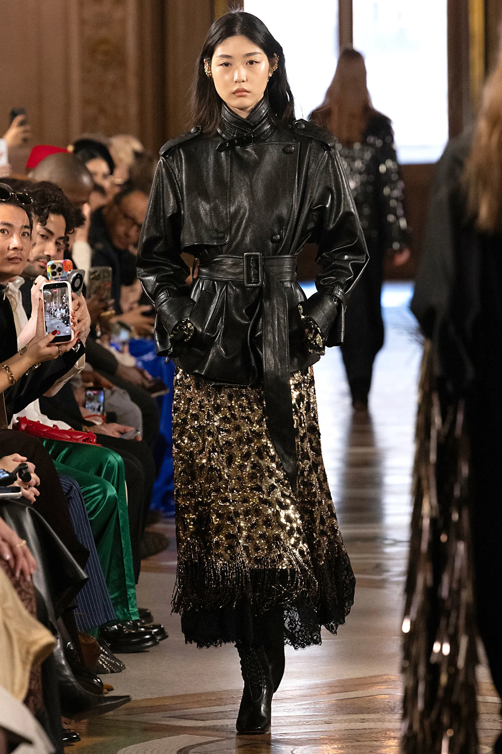 Maeve Sequin Skirt, midi silhouette with sequin embellishments and fitted waistband; front view on model.