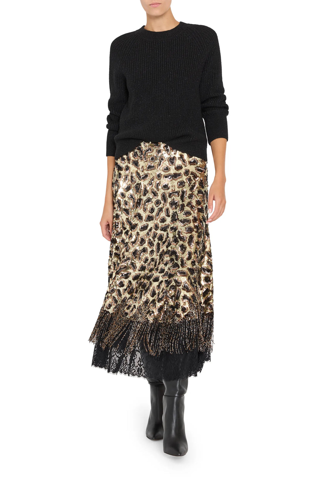 Maeve Sequin Skirt features a straight silhouette, beaded fringe detail, and sequin-embellished fabric; front view on model.