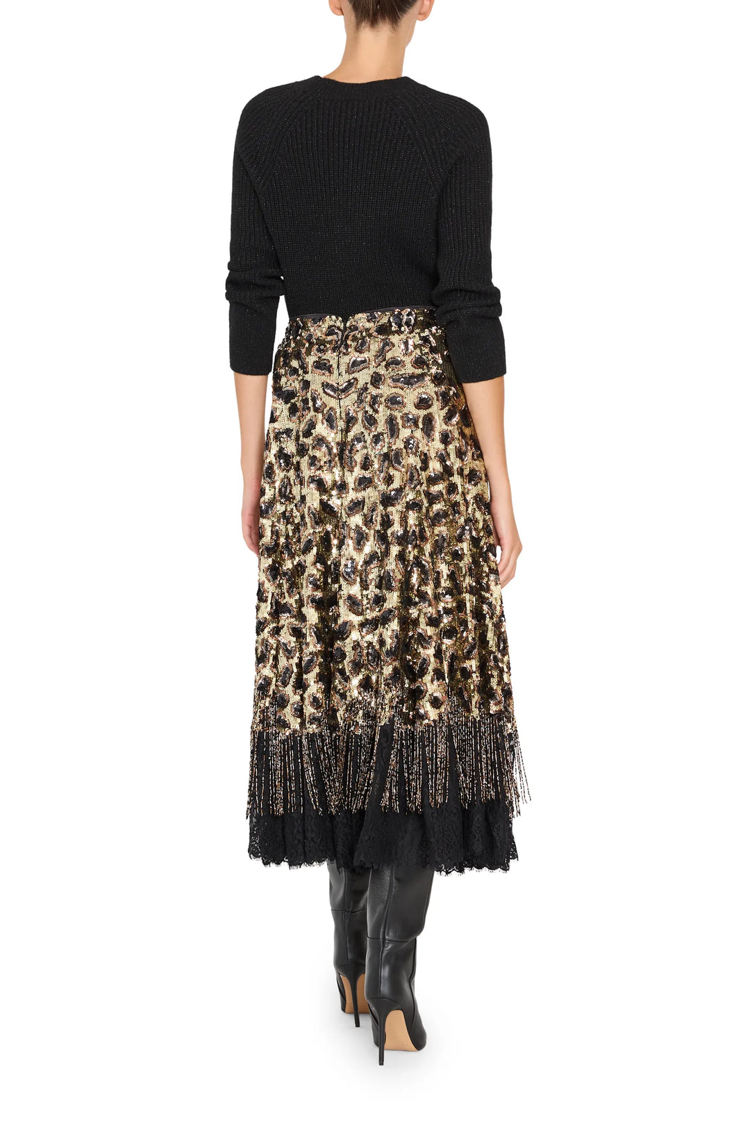 Back view: Maeve Sequin Skirt, straight silhouette, sequin-embellished fabric, midi length; back view on model.
