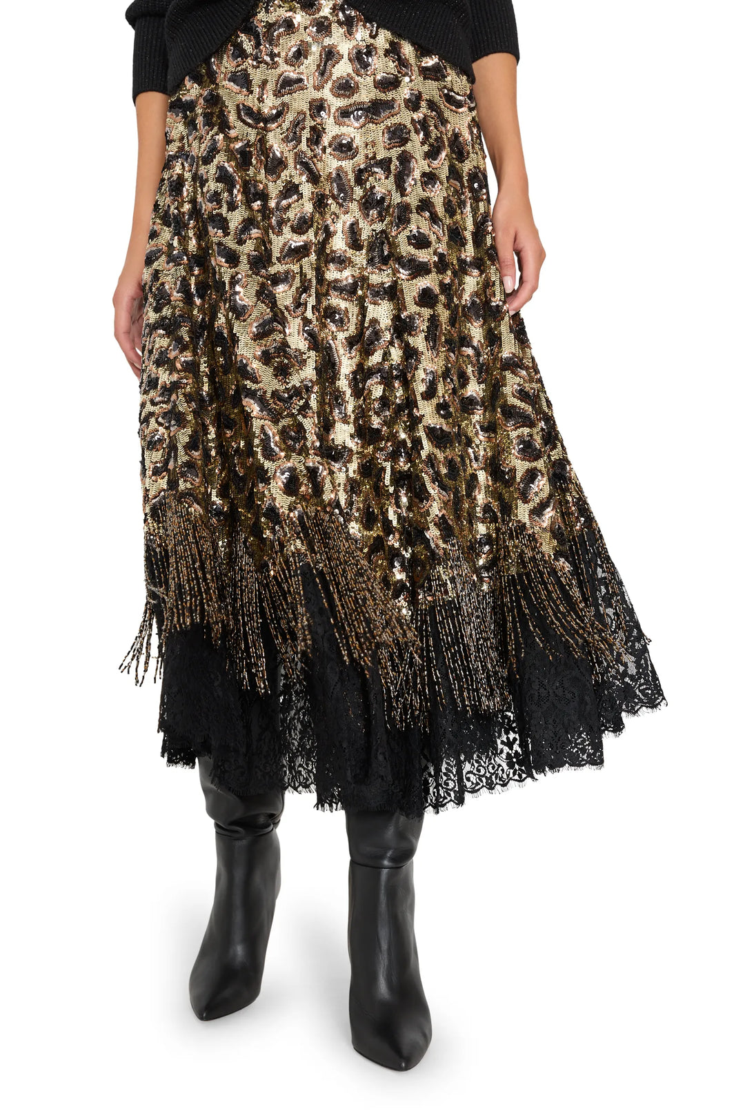Maeve Sequin Skirt with lace border and beaded fringe, fitted silhouette, sequin detail; front view on model.