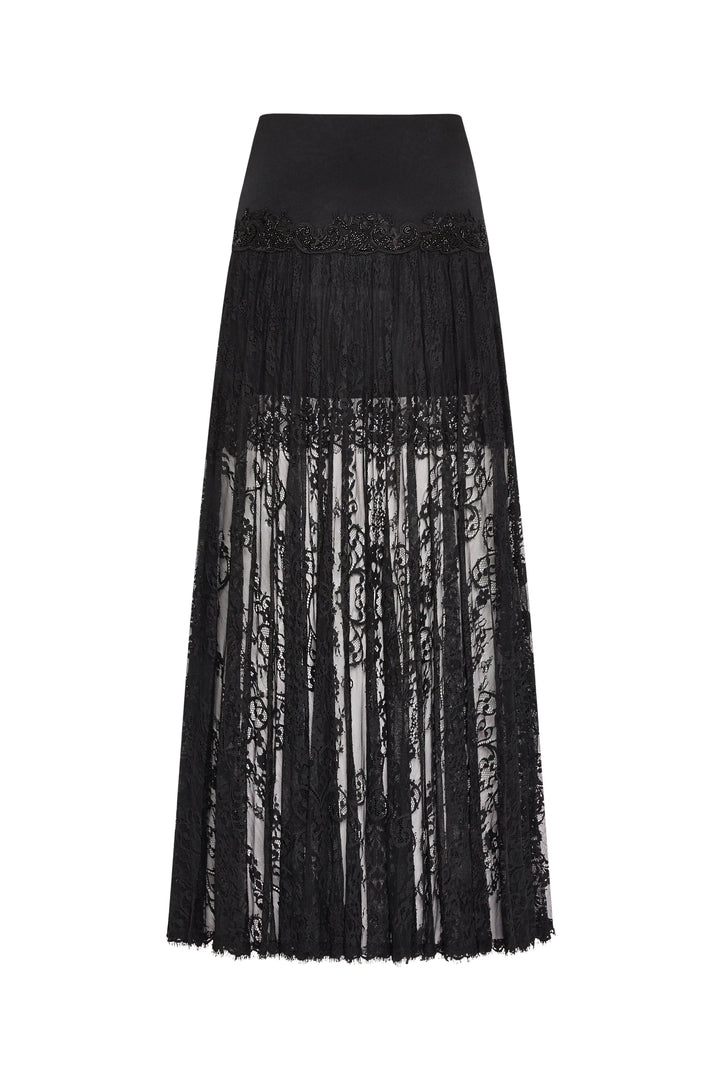 Long, straight skirt with sheer Chantilly lace and satin yoke waistband, full-length hem. Front view on white.
