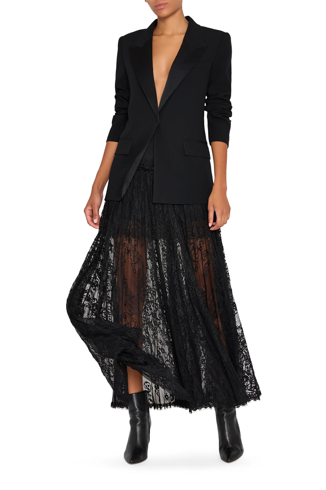Long lace skirt with Chantilly lace overlay, fitted waist, full-length silhouette; front view on white.