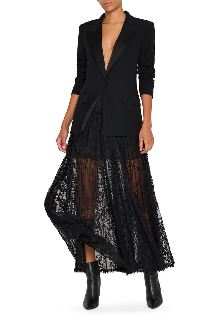 Long lace skirt with Chantilly lace overlay, fitted waist, full-length silhouette; front view on white.