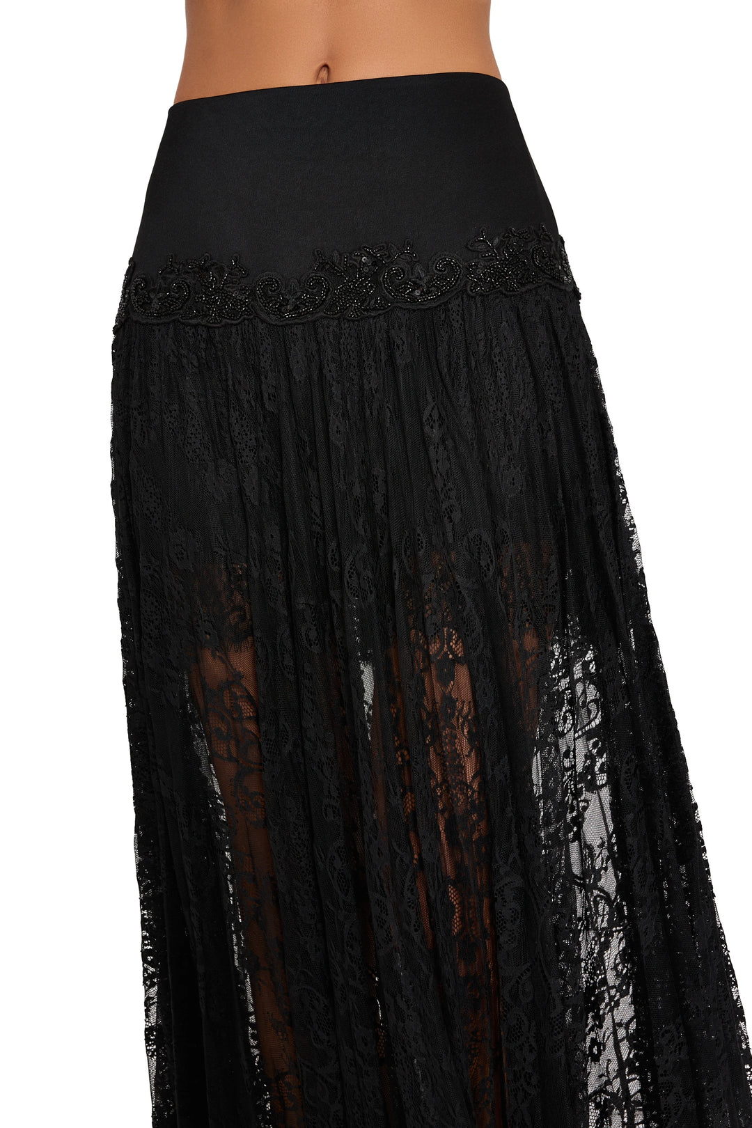 Floor-length skirt with Chantilly lace overlay and embroidered satin yoke waistband, front view on white.