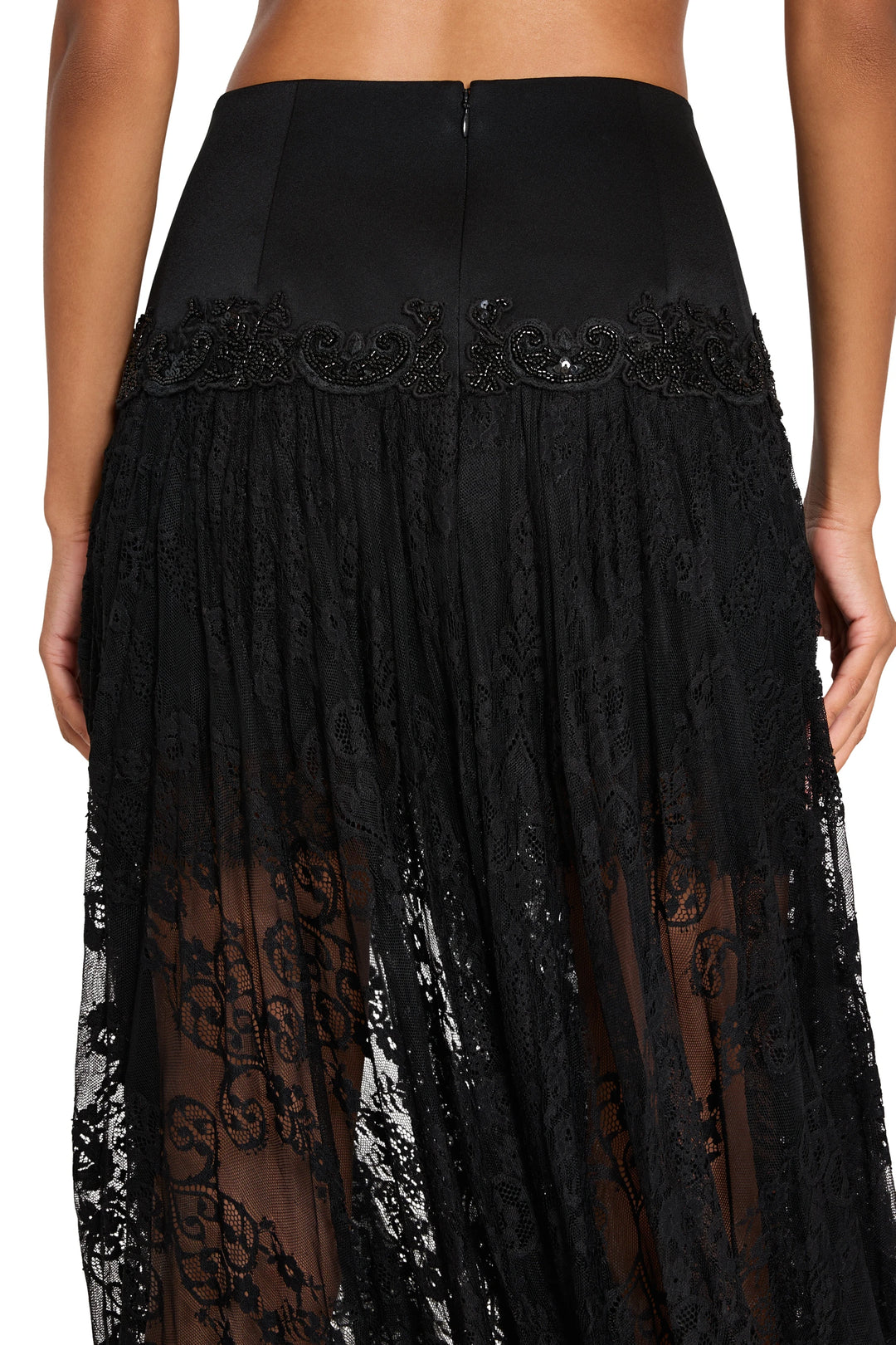 Long silhouette lace skirt with satin waistband, sheer Chantilly lace overlay; back view on model.