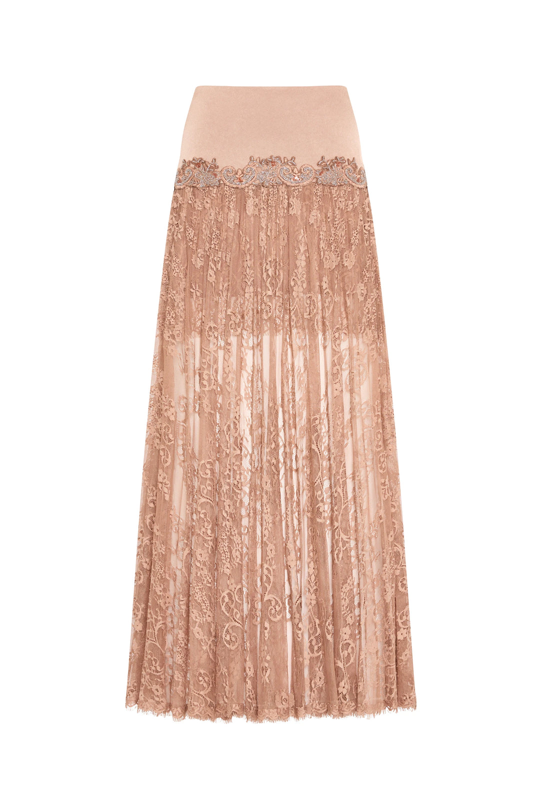 Midi skirt with Chantilly lace, floral pattern, satin yoke waistband, A-line silhouette. Front view on white.
