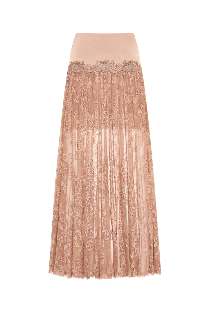Midi skirt with Chantilly lace, floral pattern, satin yoke waistband, A-line silhouette. Front view on white.