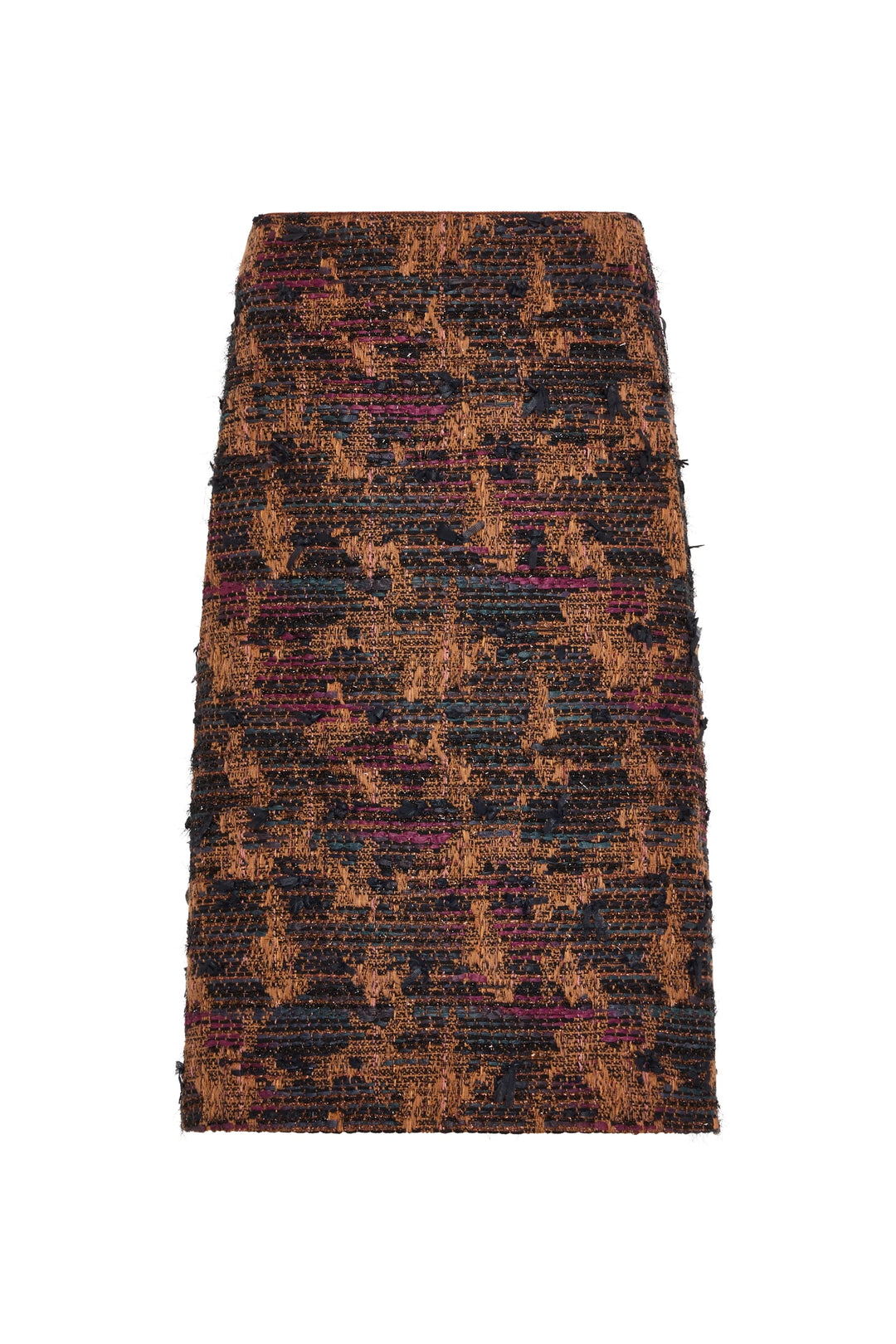 Midi tweed skirt with textured woven fabric and tailored seams, slight A-line silhouette; front view on white.